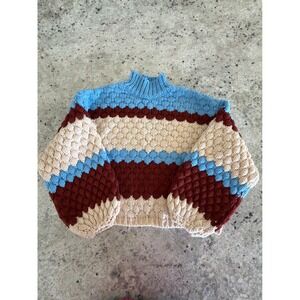 Forever 21 Size S Chunky Knit Striped Turtleneck Sweater Blue Tan Rust